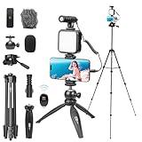 USKEYVISION Vlogging Kit for iPhone Youtuber Kit Content Creator Kit for Smartphone with 59'' Extendable Fullsize Tripod,Tricolor LED Light,Shotgun Mic for iPhone 15/14/13 Mini/Pro/Max(Vlog K4)