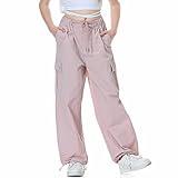 Rolanko Parachute Pants for Girls Baggy Y2K Cargo Pants Trousers with Pockets Harajuku Jogger Pants for Kids (Pink, 8-10)