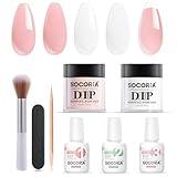 SOCORIA Dip Powder Nail Kit, 8Pcs Milky White Gentle Neutral Skin Nude Colors and Dipping Powder Liquid Set with Base Top Coat and Activator for French Nail Art Manicure DIY Salon