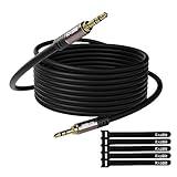 3.5mm Auxiliary Audio Stereo Cable 25 Feet, Long Male to Male Aux Cord, Gold Plated Connectors, OFC Core, Black Cable (with 5 pcs Cable Ties) - 25ft