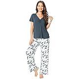 GYS Bamboo Viscose Pajamas Set for Women Super Soft Sleepwear Short Sleeve Top and Pants with Pocket Pj Lounge Sets, Midnight Blue, Small