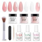 SOCORIA Dip Powder Nail Kit Starter, Gentle Nude Pink Milky White Neutral Skin Color and Dipping Powder Liquid Set with Base Top Coat and Activator for French Nail Art Manicure DIY Salon 9PCS