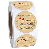 SALEMAR Homemade with Love Stickers 500PCS, 1.5 Inch Brown Kraft Label Stickers for Canning Bottles, Storage Bins, Food, Jars, Homemade Products