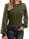 AUTOMET Womens Long Sleeve Shirts Lace Tops Business Casual Fall Fashion Outfits Clothes 2024 Knitted Y2k Blouses ArmyGreen L