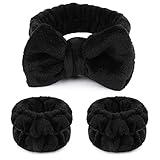 WSYUB Makeup Headbands, 1pcs Black Spa Headband Fluffy Bow Tie Headband Microfiber Face Headband, and 2Pcs Wrist Spa Wash Band Absorbent Wristbands, for Washing Face Skin Care