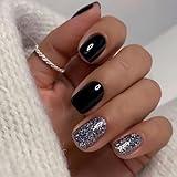 Short Press on Nails Square New Year Colors, Gel Made Solid Color Black Glitter Glossy Nail Decoration Acrylic Nails, False Nails Stick Glue on Nails Kit, 24 Pcs