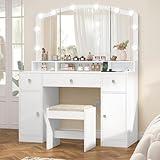 Vanity Desk with Triple Folding Mirror, Makeup Vanity with Power Outlet, Vanity Desk with 10 Lights, 3 Drawers & 2 Cabinets, Makeup Vanity Table with Soft Cushioned Stool for Women, Bedroom, White