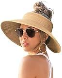 FURTALK Sun Visor Hats for Women Wide Brim Straw Roll-Up Ponytail Summer Beach Hat UV UPF Packable Foldable Travel Khaki