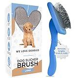 We Love Doodles Dog Slicker Brush for Grooming Pet Hair - Best Brushes For Poodle & Golden Doodle - Long Haired Brush For Dogs - Goldendoodle Long Pin Brush For Dematting (Large)