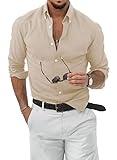 JMIERR Mens Cotton Linen Casual Stylish Button-Down Shirt Long Sleeve Business Fitted Dress Shirts Old Money Clothes Regular Fit,XL,01 Beige