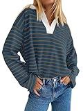 ZESICA Womens Striped Long Sleeve Shirts 2024 Casual V Neck Oversized Sweatshirt Loose Fit Tunic Tops Fall Blouses,DarkBlue,Large