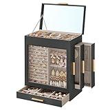 SONGMICS Jewelry Box with Glass Window, 5-Layer Jewelry Organizer with 3 Side Drawers, Jewelry Storage, with Big Mirror, Modern, 6.1 x 10.3 x 12.6 Inches, Slate Gray and Metallic Gold UJBC162G01