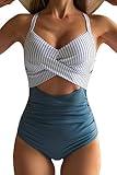 Eomenie Women's One Piece Swimsuits Tummy Control Cutout High Waisted Bathing Suit Wrap Tie Back 1 Piece Swimsuit Blue Striped