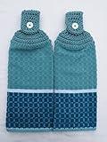 TEAL WAFFLE TERRY CLOTH TOWELS - 2 CROCHET TOP HANGING KITCHEN TOWELS (TEAL)