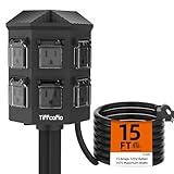 TiFFCOFiO Outdoor Power Strip Weatherproof, 15 FT Extension Cord with Power Stake, 6 Grounded Outlets for Outdoor Lights, 15A/1875W, ETL Listed