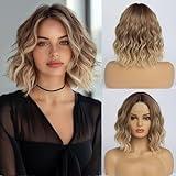 simkaylee Short Ombre Blonde Wavy Wig for Women 14 Inch Shoulder Length Middle Part Curly Wavy Bob Wig Natural Looking Synthetic Heat Resistant Fiber Wig for Daily Party Use