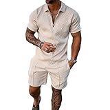 Size L Beige Mens Short Sets 2 Piece Outfits Polo Shirt Fashion Summer Tracksuits Casual Set Short Sleeve