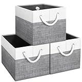 Fab totes Storage Bins [3-Pack], Foldable Storage Baskets for Organizing Toys, Books, Shelves, Closet, Large Storage Box with Rope Handles, Sturdy Organizer Bins, White & Grey