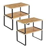 SONGMICS Cabinet Organizer Shelf, Set of 4 Kitchen Counter Shelves, Kitchen Storage, Spice Rack, Stackable, Expandable, Metal and Engineered Wood, Ink Black and Natural Beige UKCS10NB