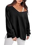 ANRABESS Oversized Long Sleeve Shirts for Women Off the Shoulder Sweatshirt Loose V Neck Tunic Tops High Low Sweater 2024 Black Small