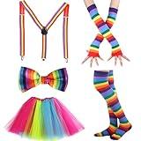 80s Costume Neon Outfits Accessories Set Women Fancy Dress Rainbow Tutu Leg Glove Necklace Headband Earring Glasses