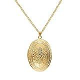 Fuqimanman2020 Vintage Engraved Flower Locket Picture Pendant Necklace Oval Heart Locket Hold Photo Picture Pendant Necklace Memory Jewelry-Oval Gold