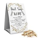 Muruseni Don't Say Baby Clothespin Games Sign(1 Sign + 50 Mini Clothespins), Baby Shower Games, Golden Leaf,Gender Neutral Baby Shower (1D)