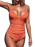 CUPSHE Womens Swimwear V Neck Shirring Swimsuit,Orange, Medium