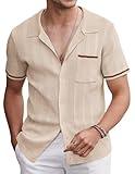 COOFANDY Knit Summer Shirts for Men Short Sleeve Button Down Polo Shirts with Pocket Light Brown