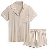 Joyaria Button Pajama/Pj Sets for Women Short Sleeve Sleep Sets Jersey Knit(Cream,Medium)