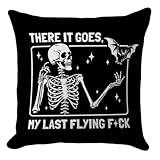 CarOptics Halloween Throw Pillow Cover 18x18 Inch - Funny There It Goes, My Last Flying Skeleton Design, Humorous Decorative Cushion Cover for Sofa and Couch, Halloween Home Decor