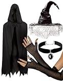 OLYPHAN Witch Costume for Women Halloween with Witch Hat Black Hooded Cloak Cape Spider Lace Gloves and Antique Like Pendant Choker Black Witch 4PC Accessories Set