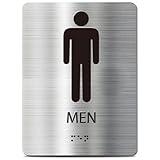 Men Braille Modern Restroom Sign, Stainless Steel ADA Compliant Bathroom Sign, Inclusive Toilet Door Sign for Business Office Home, Brushed Silver