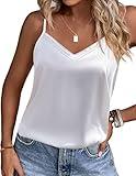 Ekouaer Women's Lace Silk Satin Pajama Tank Tops V Neck Camisole Soft Spaghetti Strap Tops Loose Sleepwear White X-Large