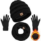 Winter Beanie Hat Scarf Gloves, Warm Fleece Knit Winter Hats Touch Screen Gloves Neck Scarf Set Winter Gifts for Unisex Adult Black