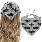 BQSAZHYJ Gothic Crochet Headbands Bat Pattern Bandana for Women, Cotton Knit Triangle Headband Greyscale Halloween Style Head Scarf Vintage Crochet Hair Styling Decor