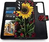 Shields Up for Galaxy S24 Plus Case, [Detachable] Magnetic Wallet Case with Card Holder & Strap for Girls/Women, [Vegan Leather] Floral Cover for Samsung Galaxy S24 Plus 5G - Rose Flower/Sunflower