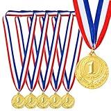 Juvale 6-Pack 1st Place Winner Gold Medals for All Ages, Participation Awards with 15.5-Inch Red, White, and Blue Ribbon for Sports, Tournaments, Competitions (Metal, 2 in)