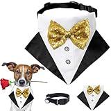 Dog Tuxedo Costume Wedding Dog Bandana Nylon Collar Suit with Gold Bow Tie Adjustable Black Tux Formal Dog Clothes for Small Medium Large Dog Pet Birthday Costumes Christmas Dress Outfits