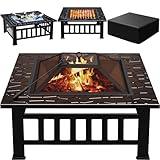 Greesum Multifunctional Patio Fire Pit Table, 32in Square Metal BBQ Firepit Stove Backyard Garden Fireplace with Spark Screen Lid and Rain Cover for Camping, Outdoor Heating, Bonfire and Picnic, Black