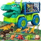 TEMI Dinosaur Truck Toys for Kids 3-5 Years, Tyrannosaurus Transport Car Carrier Truck with 8 Dino Figures, Activity Play Mat, Dinosaur Eggs, Trees, Capture Jurassic Play Set for Boys and Girls