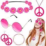 6 Pcs Hippie Costume Accessories Set, Boho Peace Sign Daisy Flower 60s 70s Party Favors Decorations for Groovy Party Girls (Rose Red)