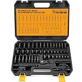 3/8'' Drive Impact Socket Set - 50-Piece Shallow & Deep Socket Set Metric and Standard Full with Universal Joint, Extension Bar, 1/2 to 3/8 Reducer, Hex Shank Socket Adapter, Ratchet Handle