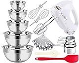 WEPSEN 5-Speed Electric Hand Mixer, 5 Large Mixing Bowls Set, Handheld Mixers with Whisks Beater, Stainless Steel Metal Nesting Bowl Measuring Cups Spoons Kitchen Cake Blender for Baking Supplies