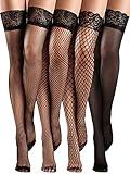 Bencailor 4 Pairs Fishnet Thigh High Stocking Silicone Lace Top Sheer Over Knee Stocking Silky Stockings for Women(Black, Large)