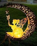 Vuees Solar Garden Statues Outdoor Decor, Fairy Moon Figurine Light Stake, Housewarming Ornament for Patio, Lawn, Yard, Pathway - Unique Gift Ideas for Gardening Mom Grandma