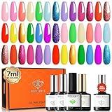 Modelones 24 Pcs Gel Nail Polish Kit, Summer Rainbow Color Gel Nail Polish Set 7ML Soak Off Pastel Glitter Gel Polish with Bond Primer Glossy& Matte Top Base Coat Home DIY Nail Manicure Gift for Women