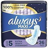 Always Maxi Overnight Pads with Wings, Size 5, Extra Heavy Overnight, Unscented, 36 Count