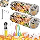 Wrakus Rolling Grilling Baskets for Outdoor - Grill Grate Charcoal Round BBQ Stainless Steel Basket Campfire Grid Camping Picnic Cookware