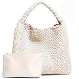 2024 Woven Tote Bag for Women with Purse, Fashion Shoulder Hobo Underarm Bags, Large Woven Handmade Work Commuter Day Bags (White)